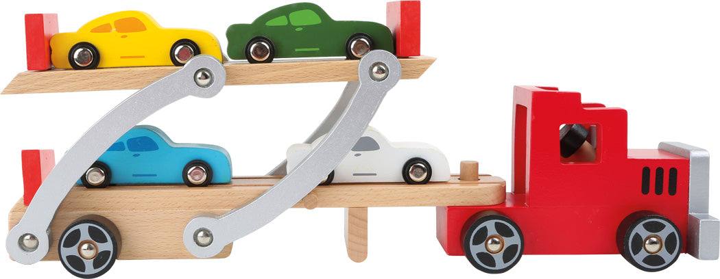 Robuster Autotransporter Klassik aus Holz mit Kippfunktion und Platz für vier Autos