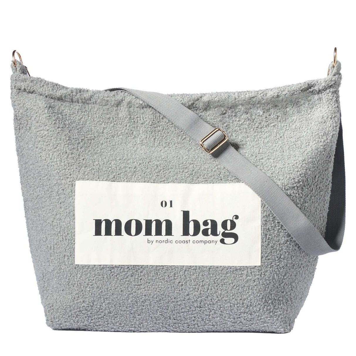 Graue Mom Bag aus Teddy Bouclé mit wasserfestem Innenfutter und verstellbaren Henkeln