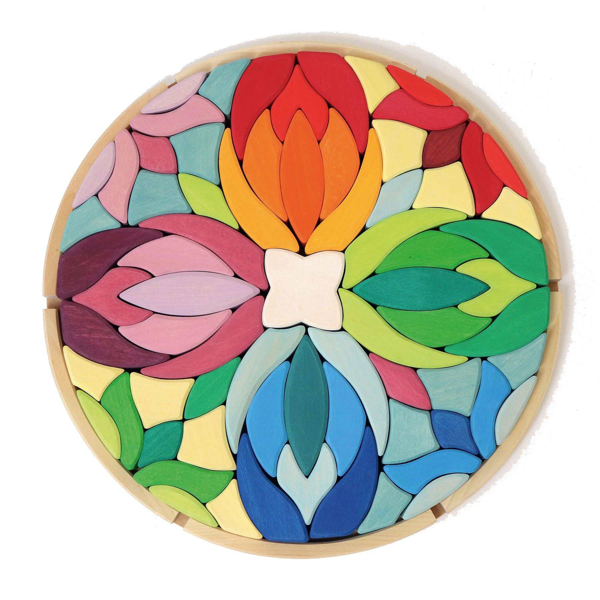 Bauspiel Lara von Grimms mit 73 gebogenen Lindenholzbausteinen in floralem Design