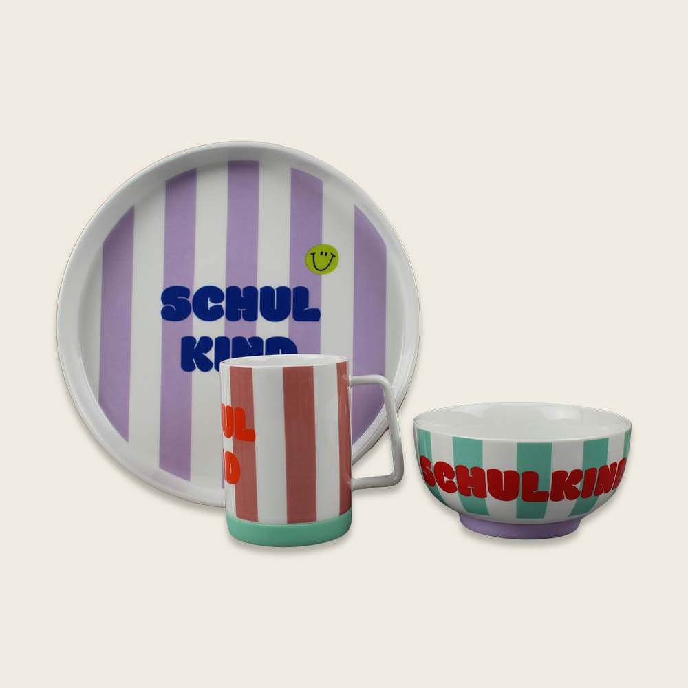 Porzellanset Schulkind Streifen flieder/pink