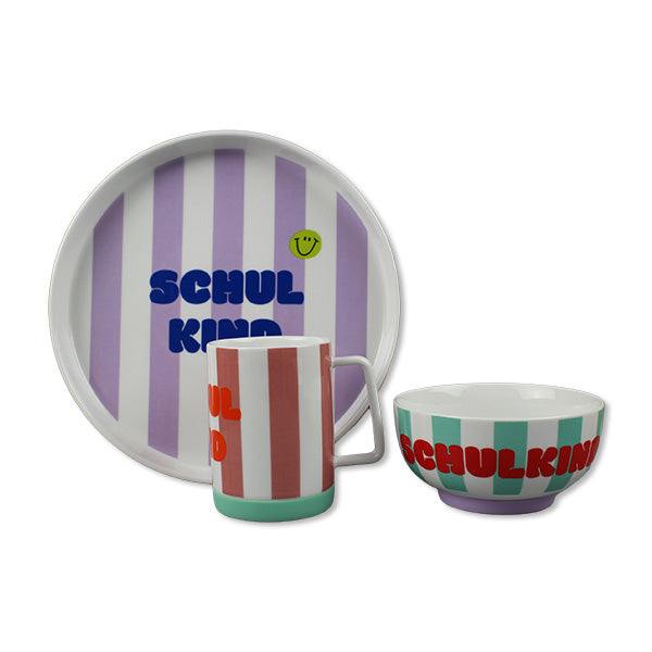 Porzellanset Schulkind Streifen flieder/pink