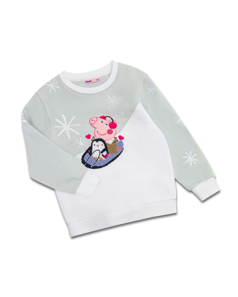 Peppa Wutz Winter Time Sweater for kids made of organic cotton in white and blue with playful winter design