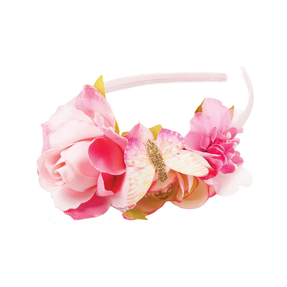 Blumen Haarreif für Kinder mit bunten Blüten auf grünem Band, ideal für Fasching und Rollenspiele.