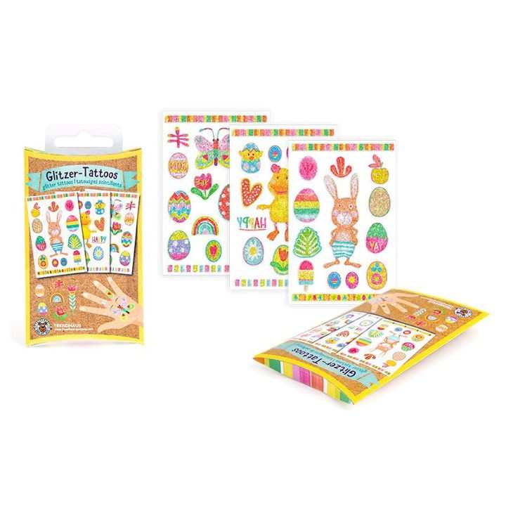 Glitzer-Tattoos 3er Set mit bunten Motiven und Tattoo-Banderolen in Geschenkverpackung