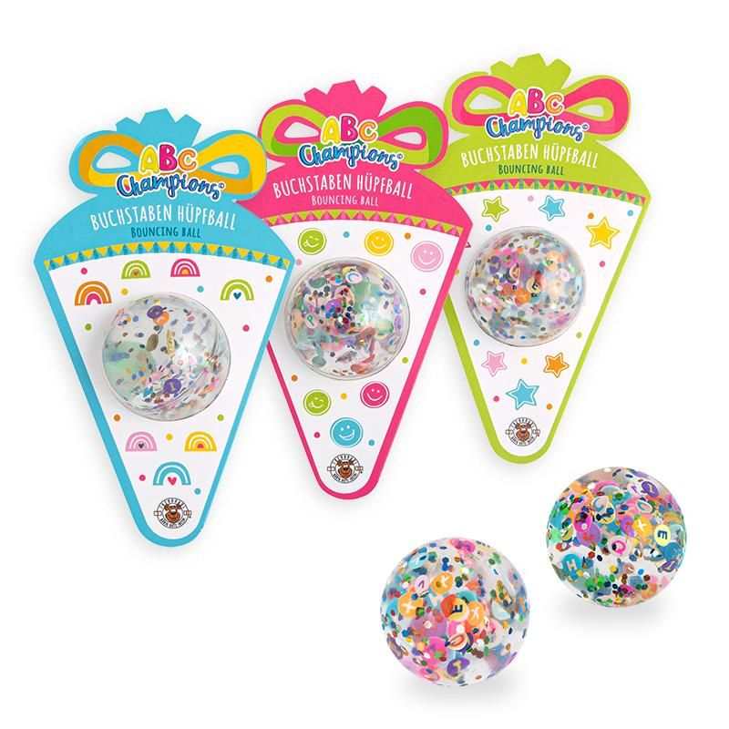 ABC Flummi transparenter Hüpfball mit Buchstaben und Glitzer in bunter Schultütenverpackung