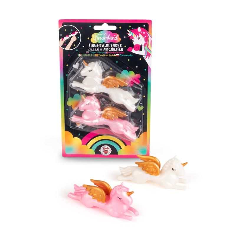 DREAMLAND Einhorn Fingerschleuder 2er-Set in weiß und rosa für kinderleichtes Spielen und Zielen