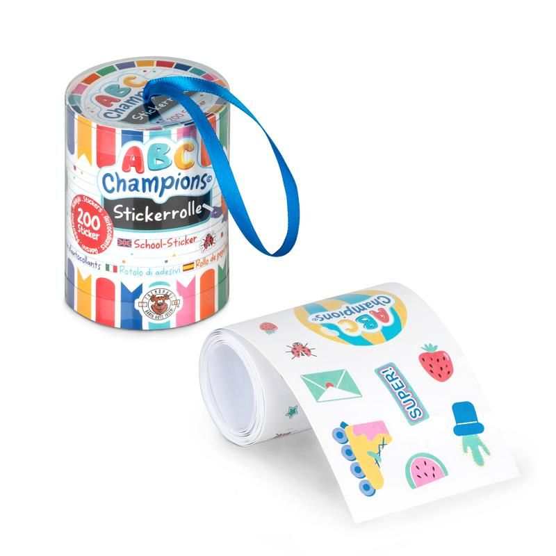 ABC CHAMPIONS Stickerrolle mit 200 bunten Papierstickern für die Schulwelt, 6 x 200 cm, kompakte Verpackung mit Satinschlaufe