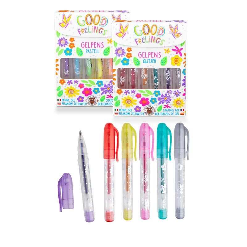 Mini-Gelstifte-Set mit 6 farbigen Stiften und Silberfolien-Flowerdesign in Aufbewahrungs-Papierbox