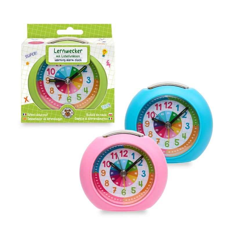 ABC CHAMPIONS Lernwecker für Kinder mit farbigem Ziffernblatt, Alarm und Lichtfunktion, spielerisches Uhrzeitlernen, blau/grün/pink, 6+ Jahre