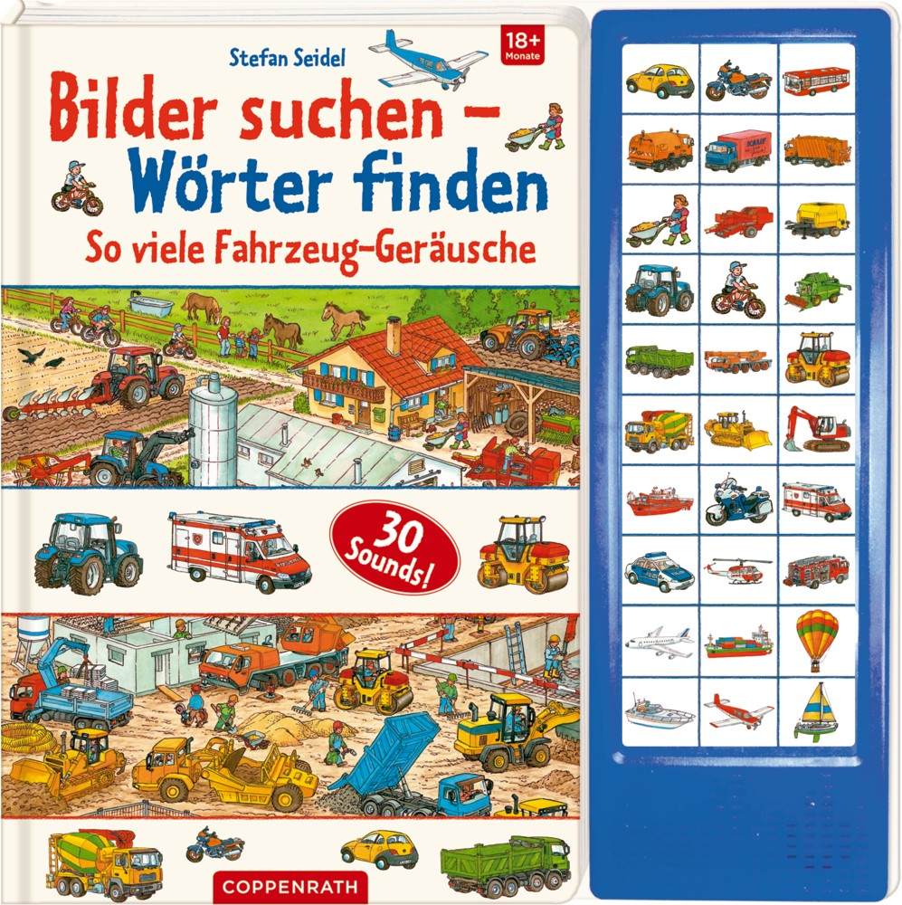 Kinderbuch Bilder suchen- Wörter finden Fahrzeuge mit Geräuschen und Illustrationen