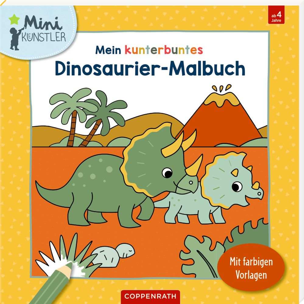 Mein kunterbuntes Dinosaurier-Malbuch Cover mit lustigen Dino-Motiven für Kinder ab 4 Jahren