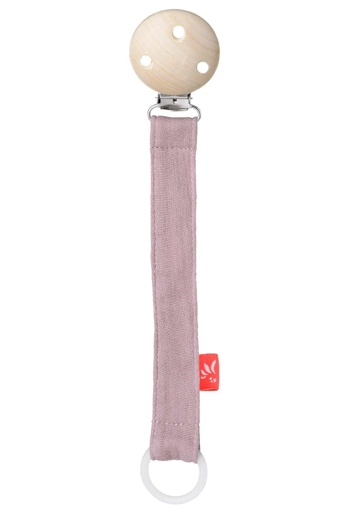Schnullerkette Musselin Pale Rose aus Bio-Baumwolle und Holz mit Clipbefestigung