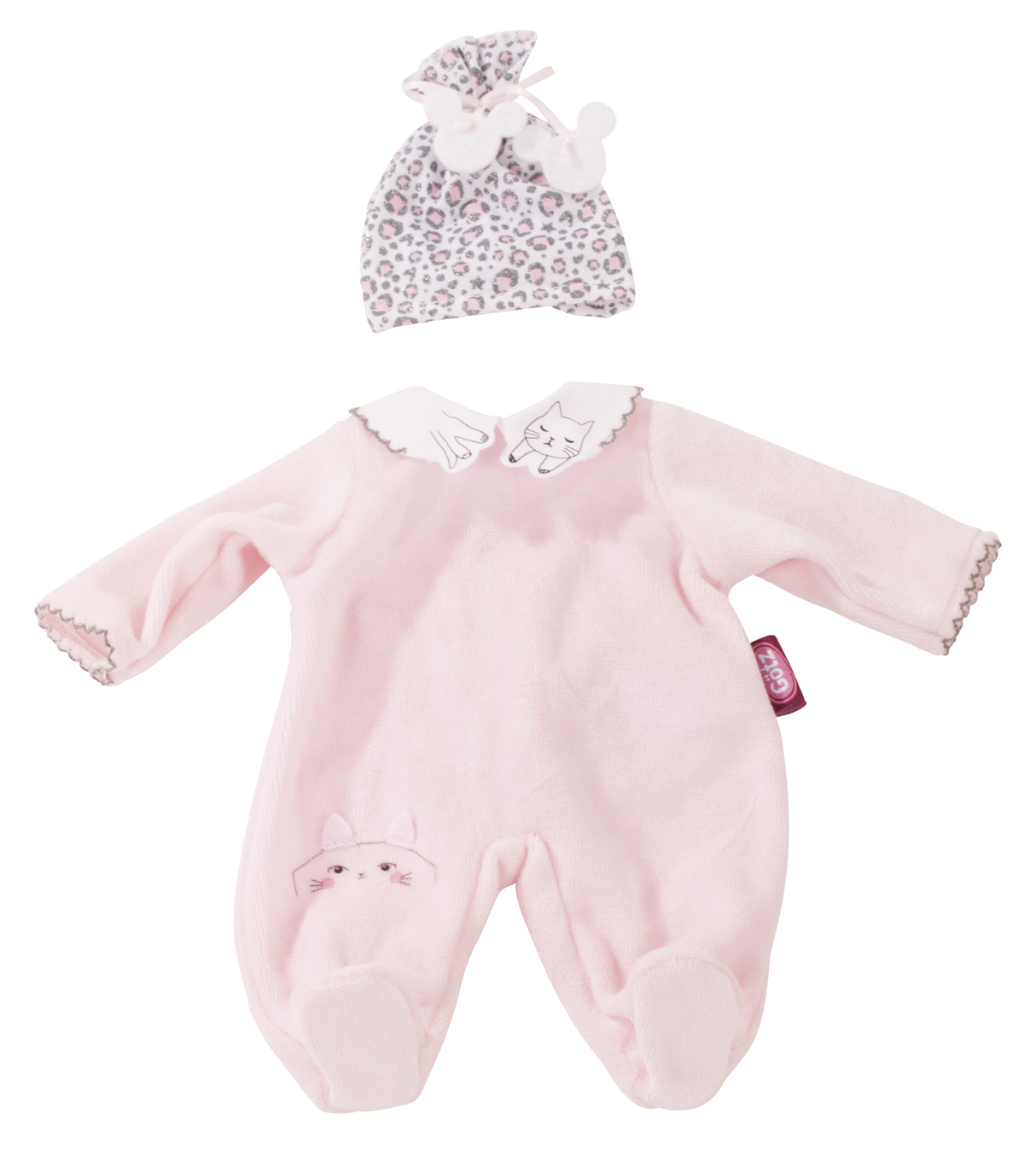 Kuscheliges Puppen Outfit 30-33 cm mit Katzen Motiv und Mütze für Babypuppen