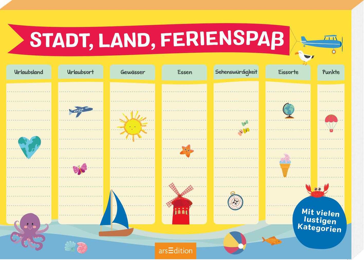Stadt Land Ferienspaß Ferienblock mit 90 Spielvorlagen für Familien- und Freundespiele
