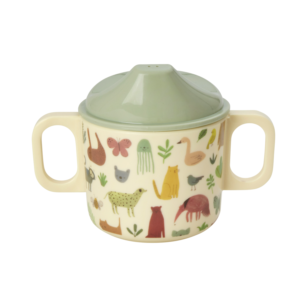 Babytrinkbecher mit Handgriff aus Melamin mit süßem Dschungel-Design und grünem Deckel