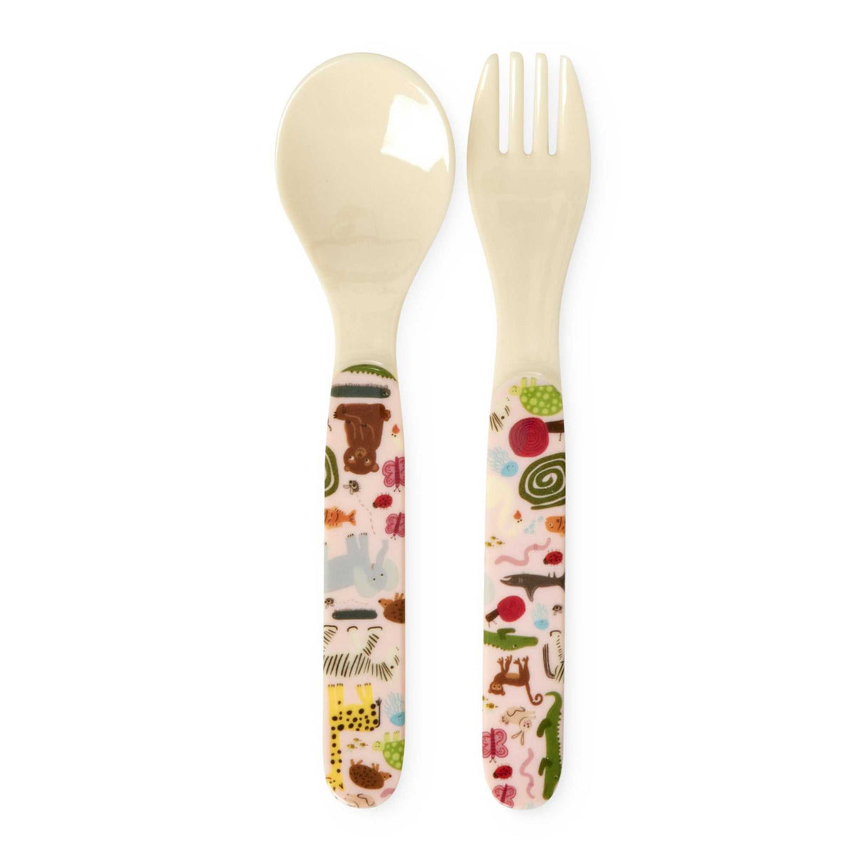 Babylöffel & Gabel mit pinkem Wildlife-Print aus robustem Melamin für Kinder unter 3 Jahren