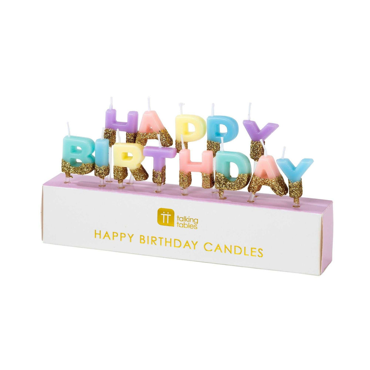 Happy Birthday Kerzen mit goldenem Glitzer in Mint, Pastellblau, Lavendel, Gelb und Rosa auf Geburtstagstorte