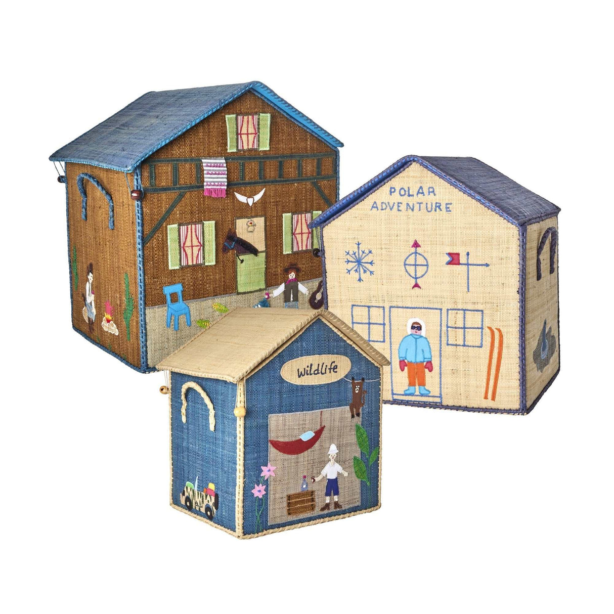 3er Set Raffia Aufbewahrungsboxen aus Bast mit bunten Aufdrucken für Spielzeug und Ordnung