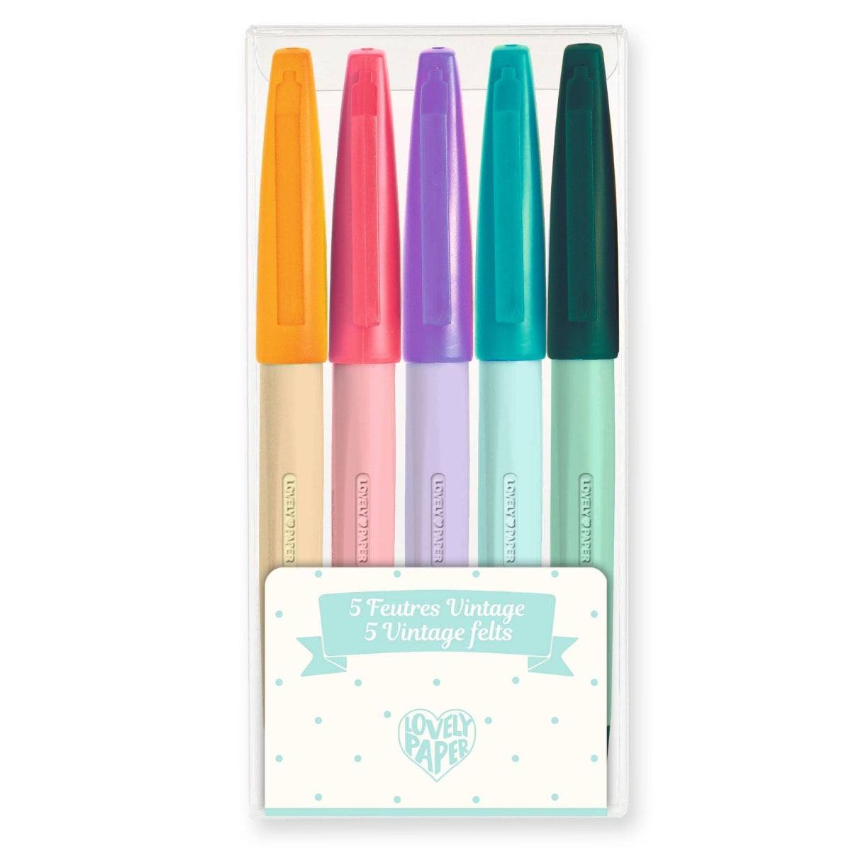 Set mit 5 Vintage Filzstiften in transparentem Etui, Farben orange, rosa, lila, türkis und grün