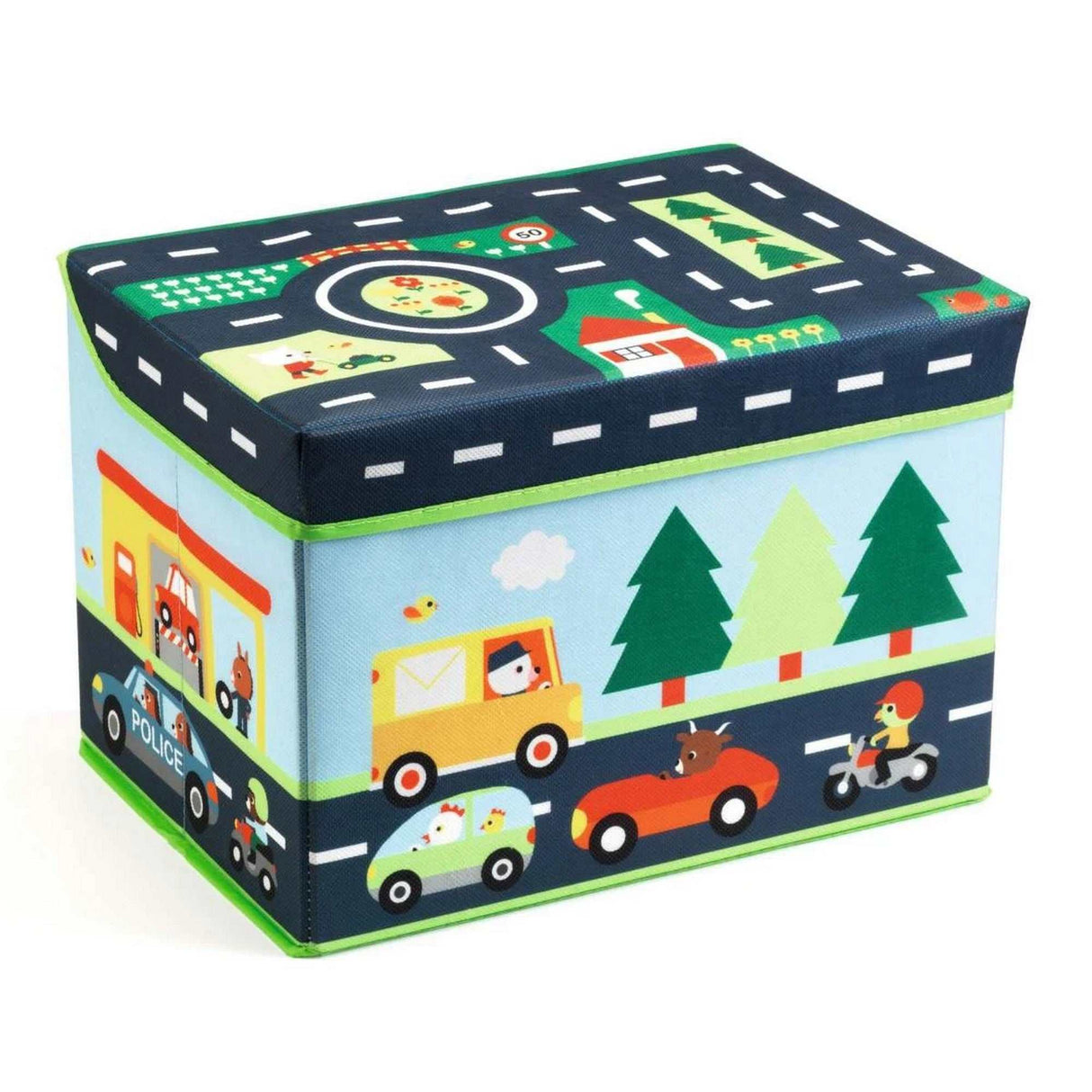 Spielzeugbox Verkehr aus Holz mit integrierter Autobahn zum Spielen und Aufräumen