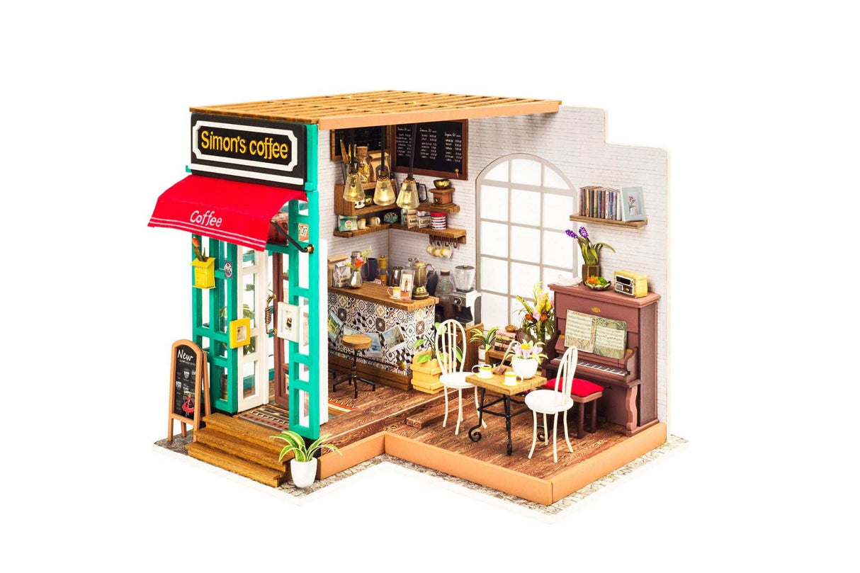 Simon's Coffee Shop DIY miniature kit 1:24 scale with paint, glue, fabric, LED light, and accessories