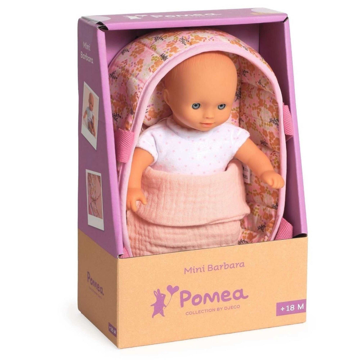 POMEA Puppe Mini Barbara Baby Doll with soft body in pink quilted basket for children 18 months plus