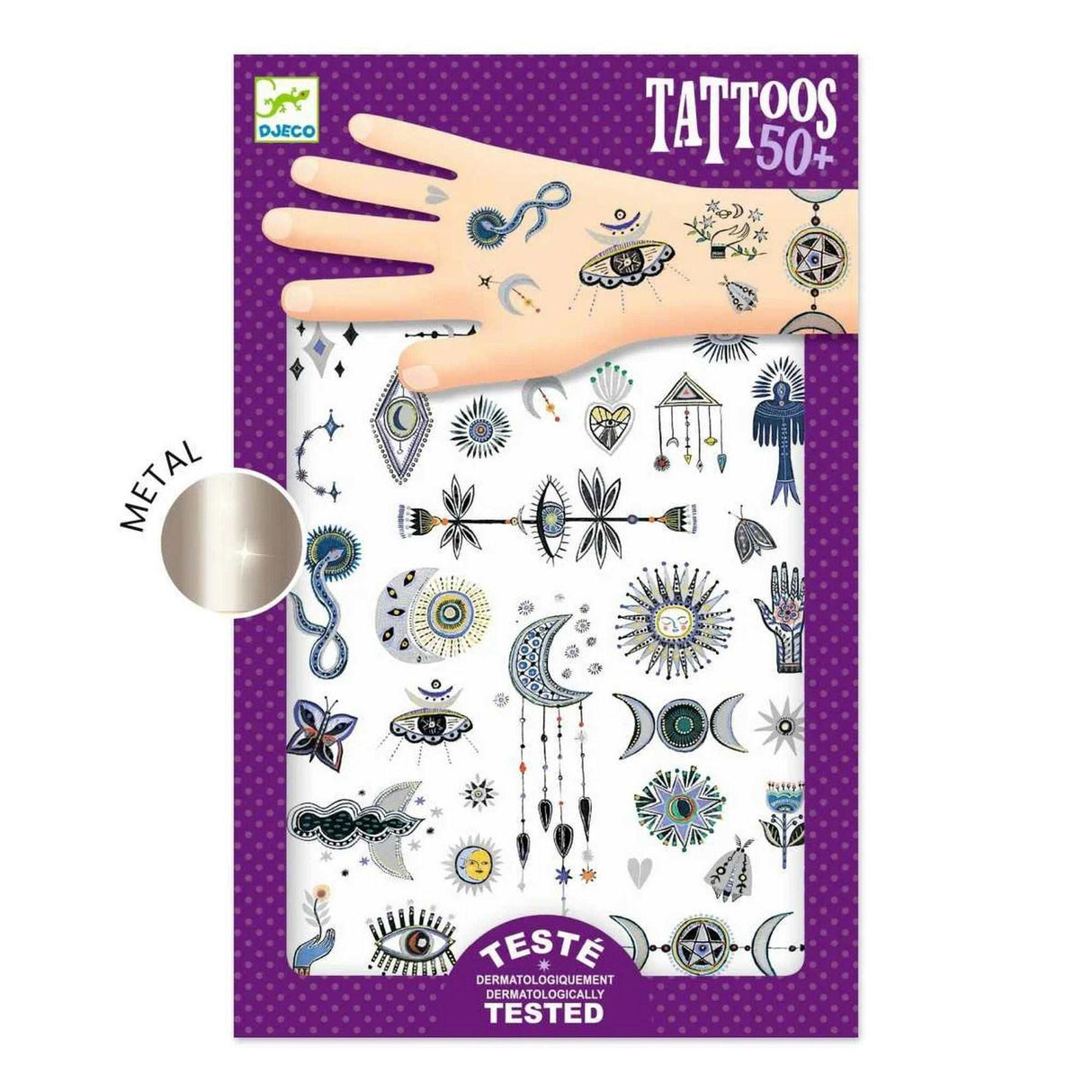 Set of metallic temporary Tattoos: Wicca with white magic symbols on skin