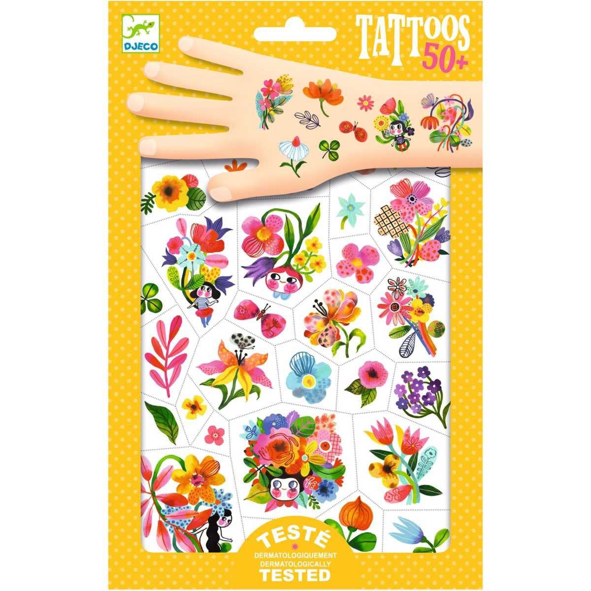 Temporäre Klebetattoos mit metallischen, floralen Motiven auf zwei vorgestanzten Bögen von Djeco