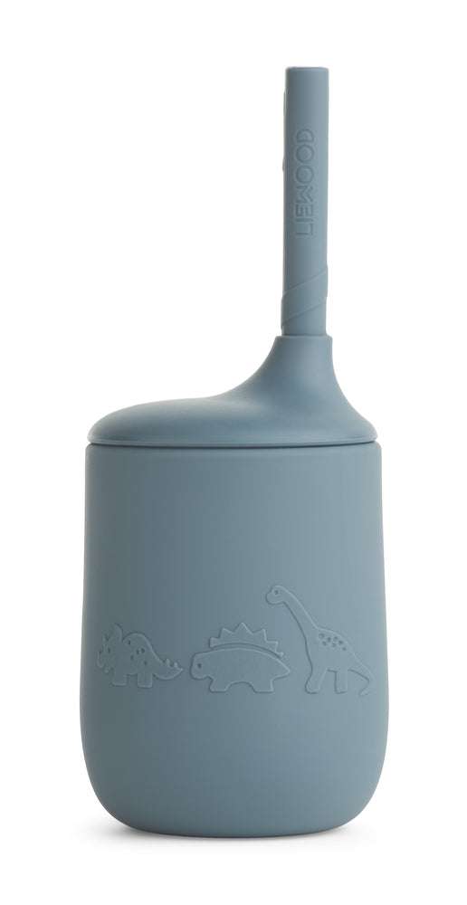 Blauer Silikon Trinklernbecher Ellis Dino Wal mit abnehmbarem Deckel und Trinkhalm, BPA-frei, 230ml