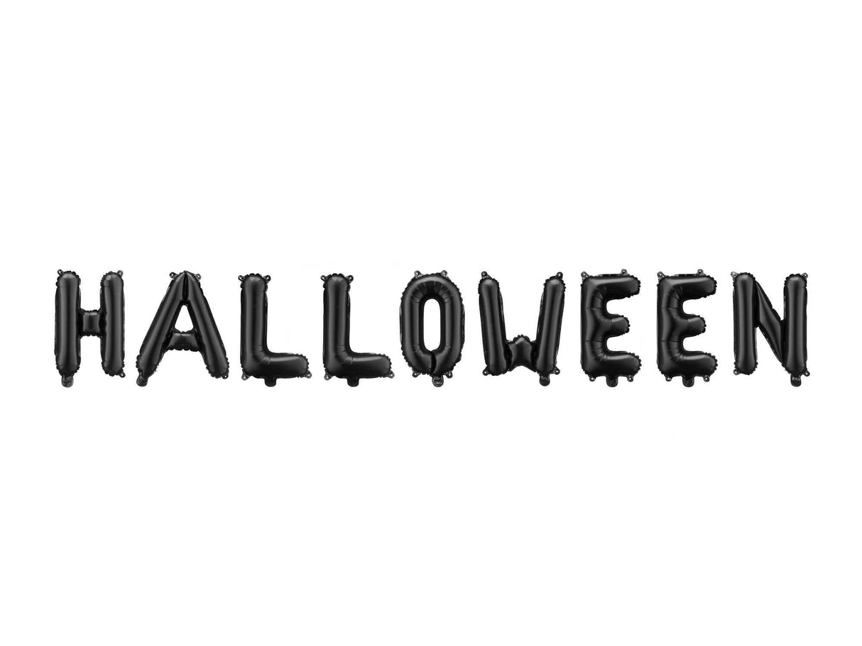 Schwarzer Folien-Luftballon Halloween Banner von PartyDeco mit Strohhalm und Band