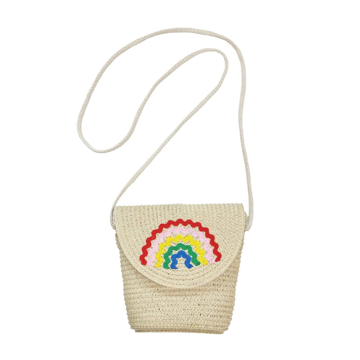 Ric Rac Regenbogen Korbtasche mit rosa Innenfutter und cremefarbenem Kordelriemen