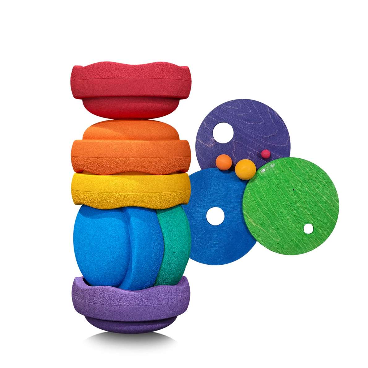 Grimms x Stapelstein colorful wood and foam stacking set with roller discs and wooden balls for creative play