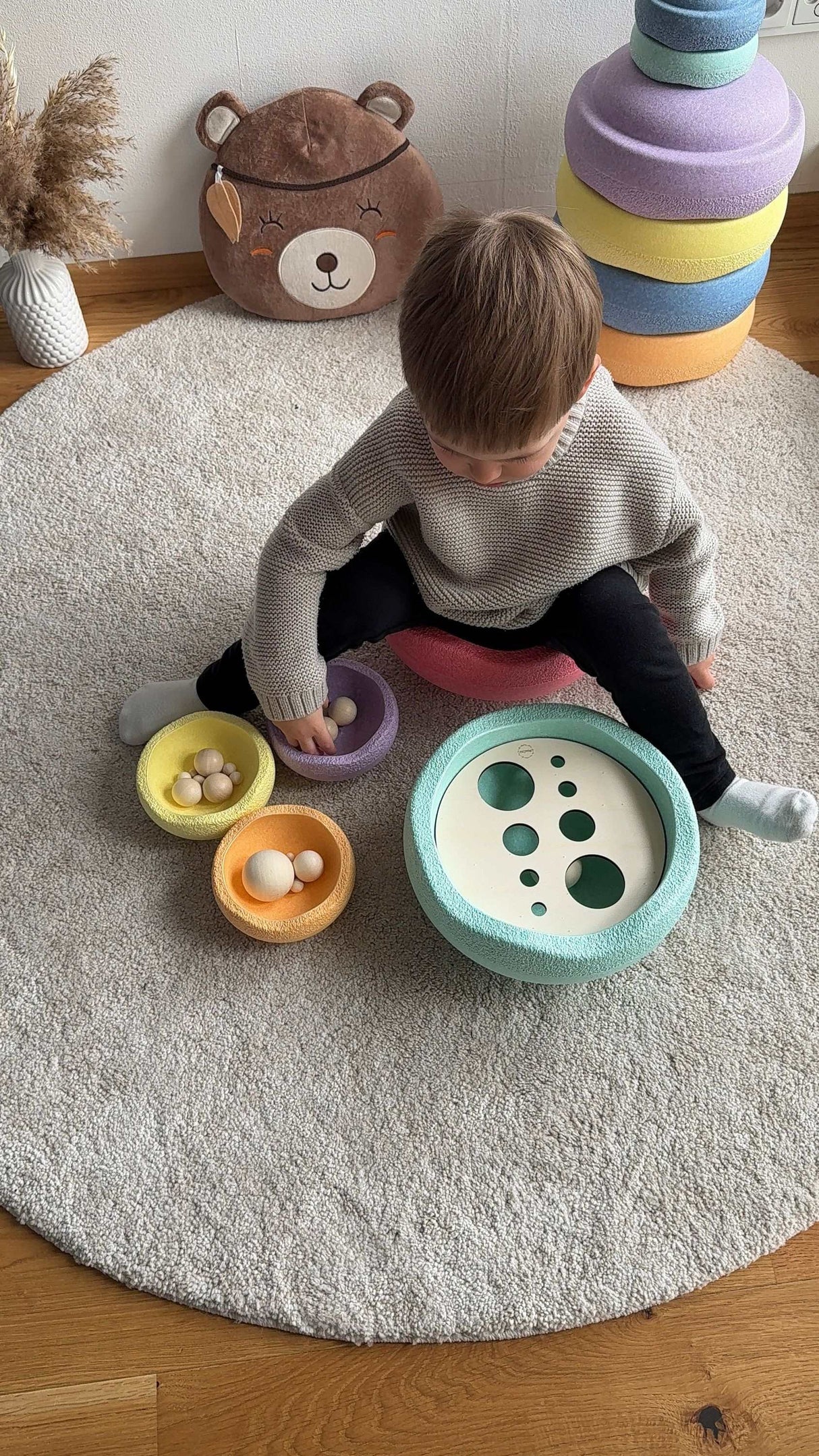 Set: Größenstufen + 12 Holzkugeln (Ergänzung für Stapelsteine)