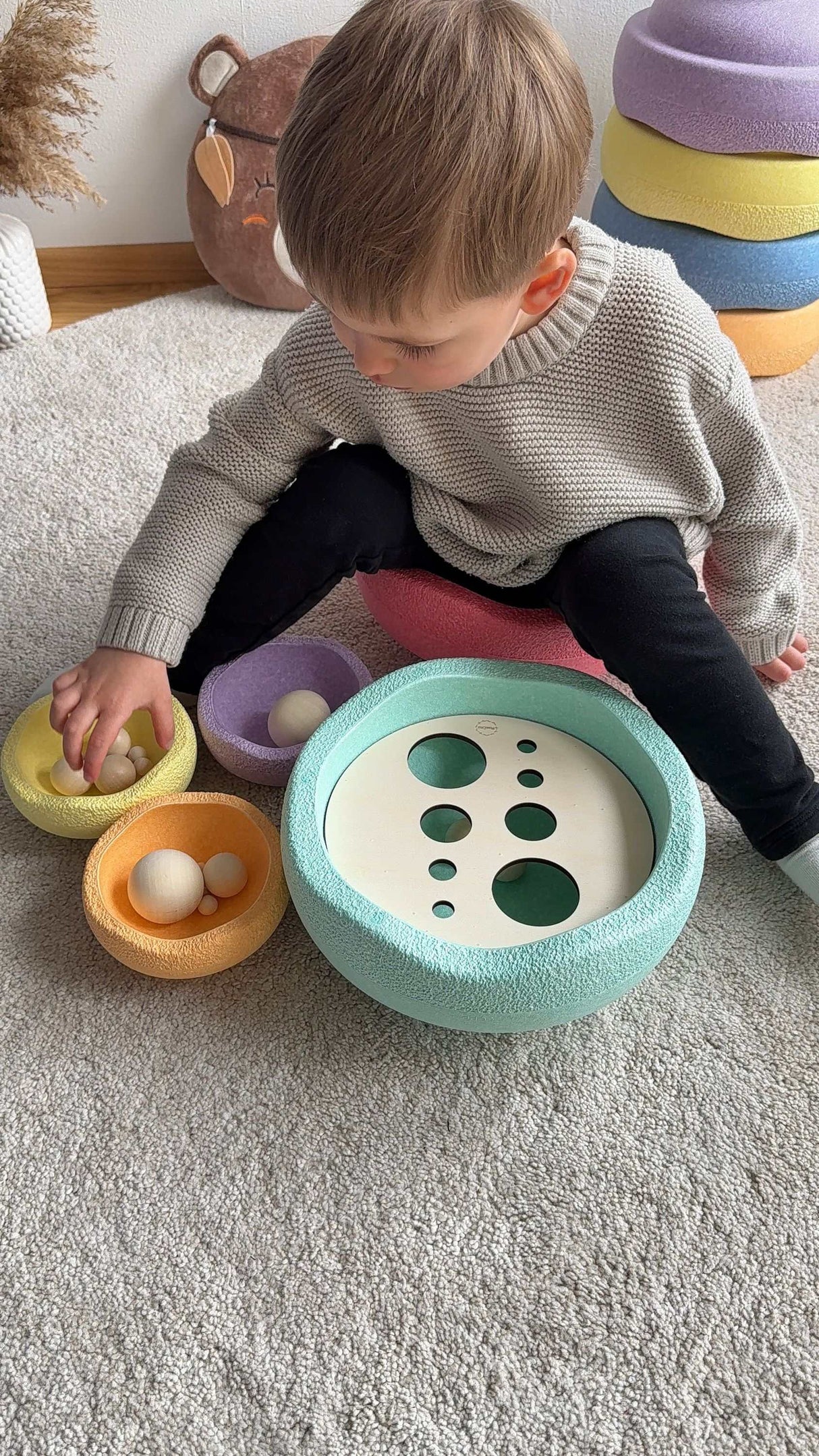 Set: Größenstufen + 12 Holzkugeln (Ergänzung für Stapelsteine)