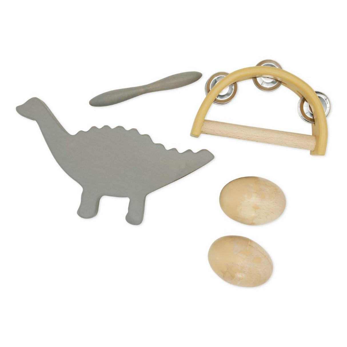 Nachhaltiges Musikset Dino aus Holz mit Tamburin, Rasseleiern und Schrapholz in trommelförmiger Box