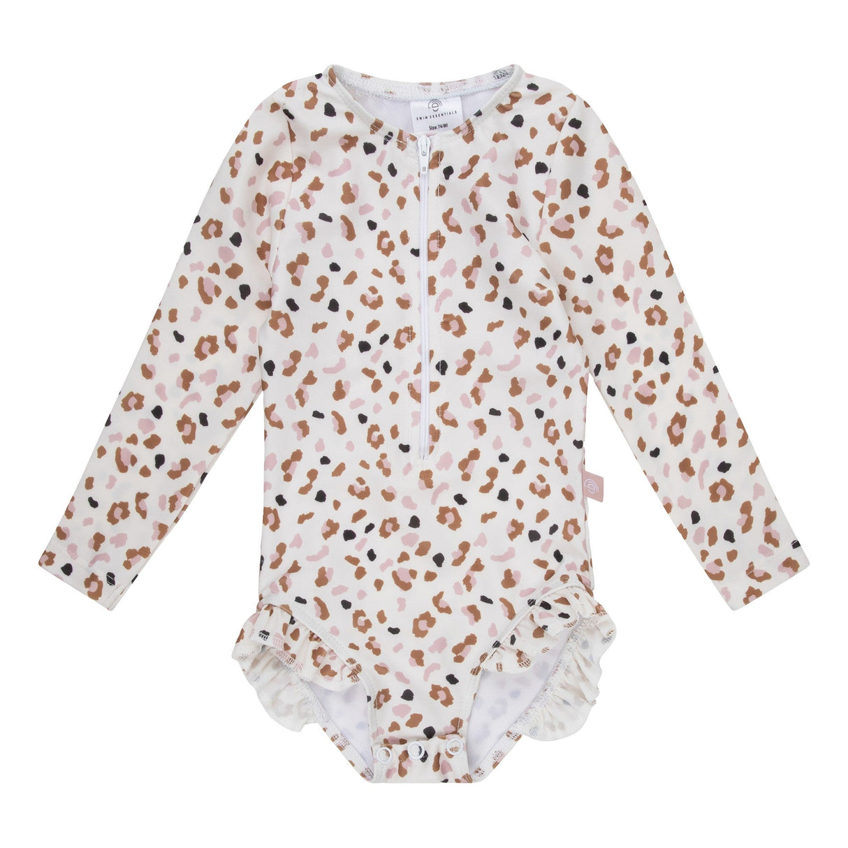 Khaki Leopard Langarm UV-Badeanzug für Kinder mit UPF50+ Schutz und Rüschen, Größe 98/104
