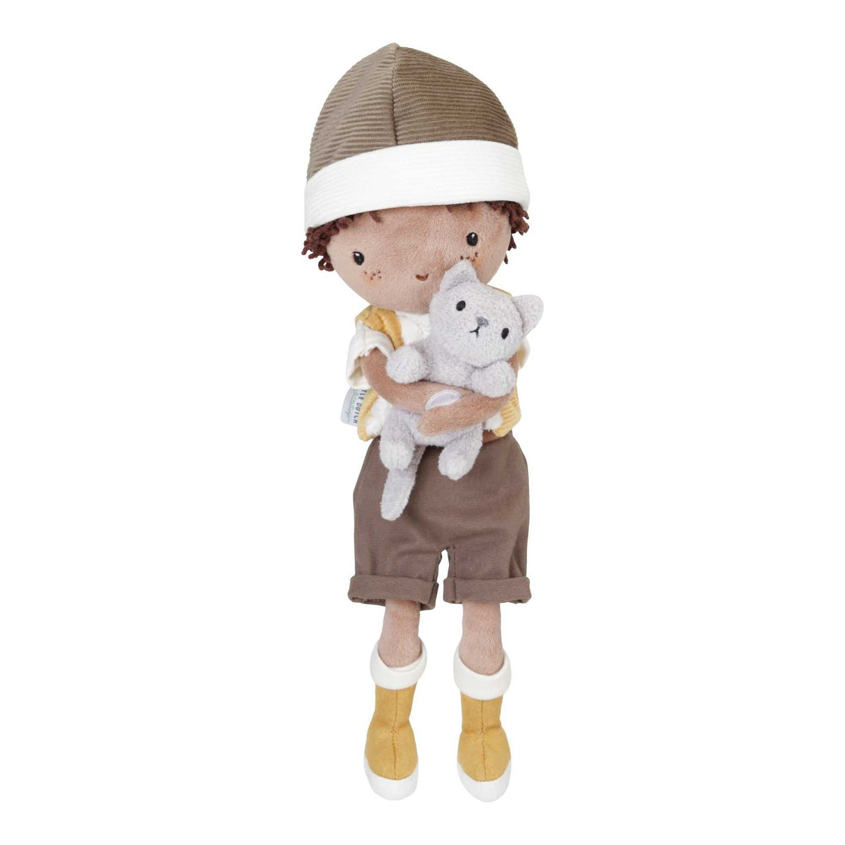 Kuschelpuppe Jake 35 cm weiche Plüschpuppe mit brauner Mütze und Stoffkatze, sitzende Little Dutch Kuschelpuppe für Babys ab 0 Monate