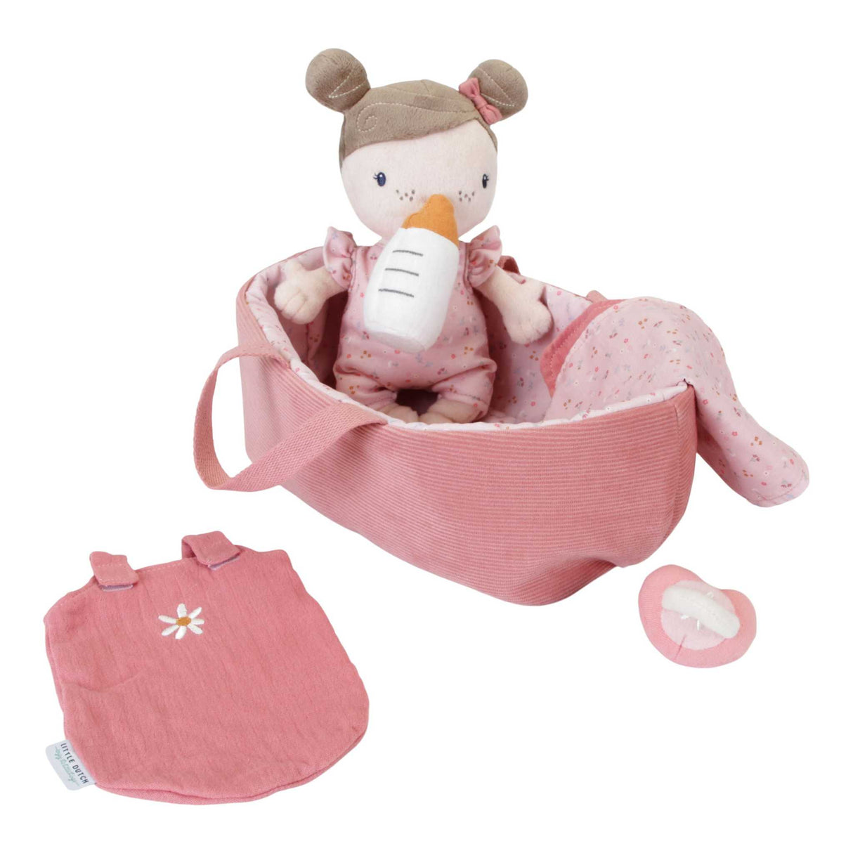 weiche Babypuppe Rosa von Little Dutch mit Flasche, Schnuller und Reisekorb in Rosa, 12+ Monate, aus Polyester und Baumwolle