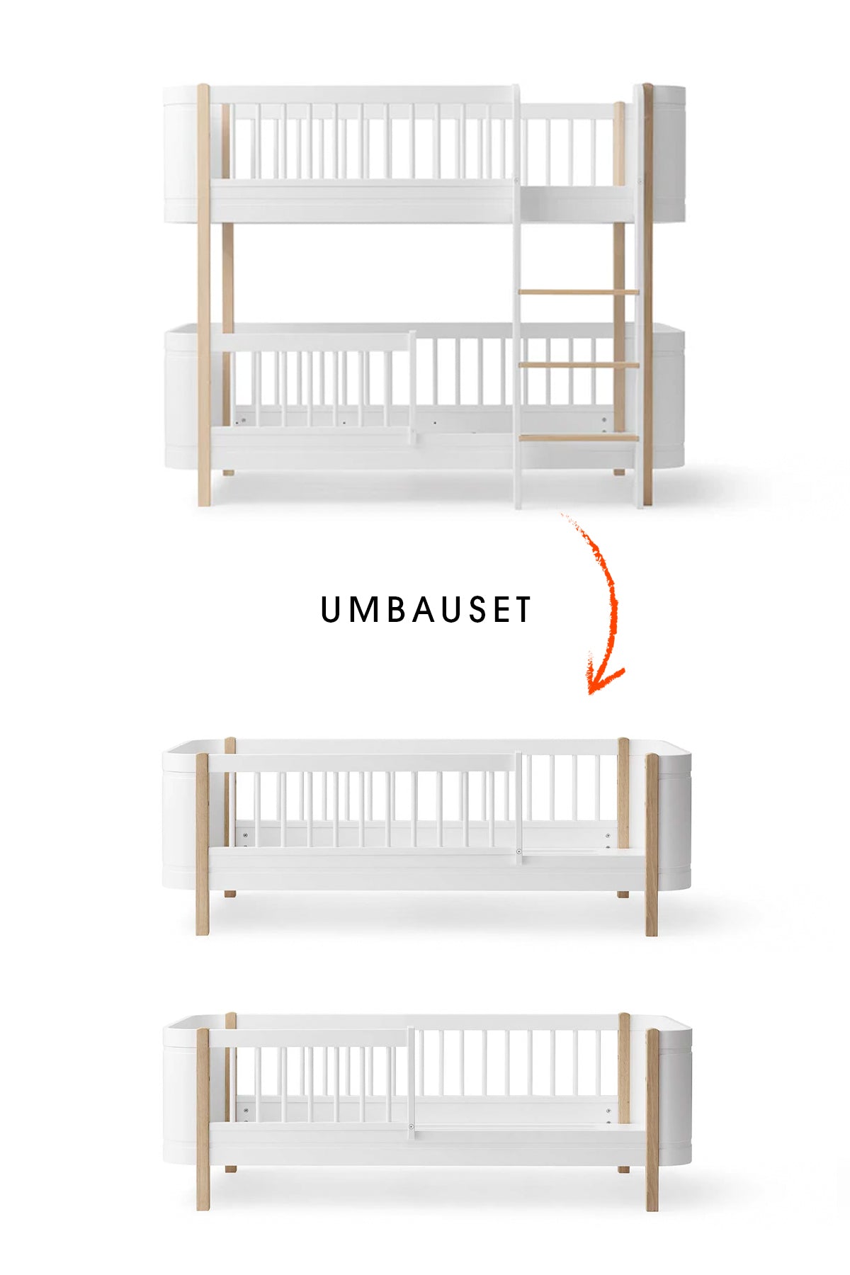 Wood Umbau-Set von Mini+ halbhohes Etagenbett zu 2 Juniorbetten weiß/ Eiche