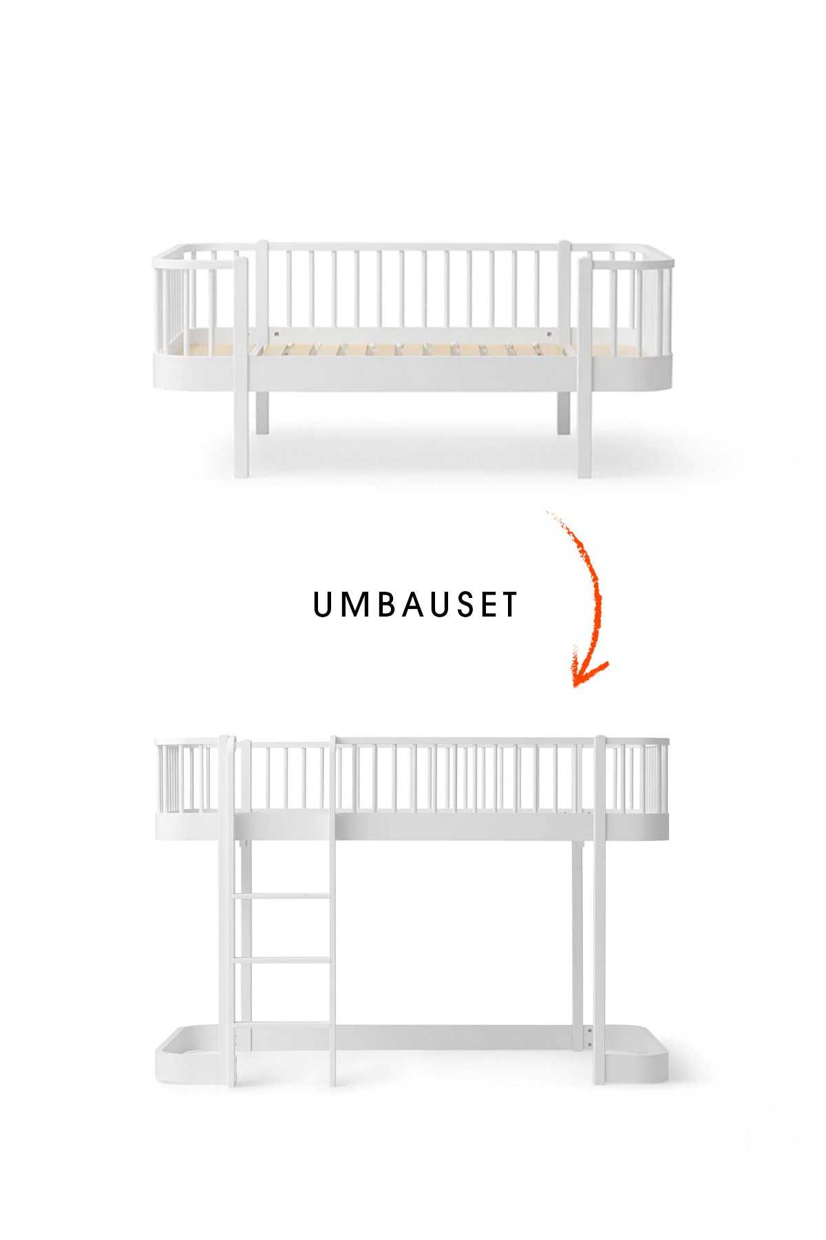 Wood Umbau-Set von Original Einzelbett/Juniorbett/Junior Bettsofa zum halbhohen Hochbett 138 cm, weiß