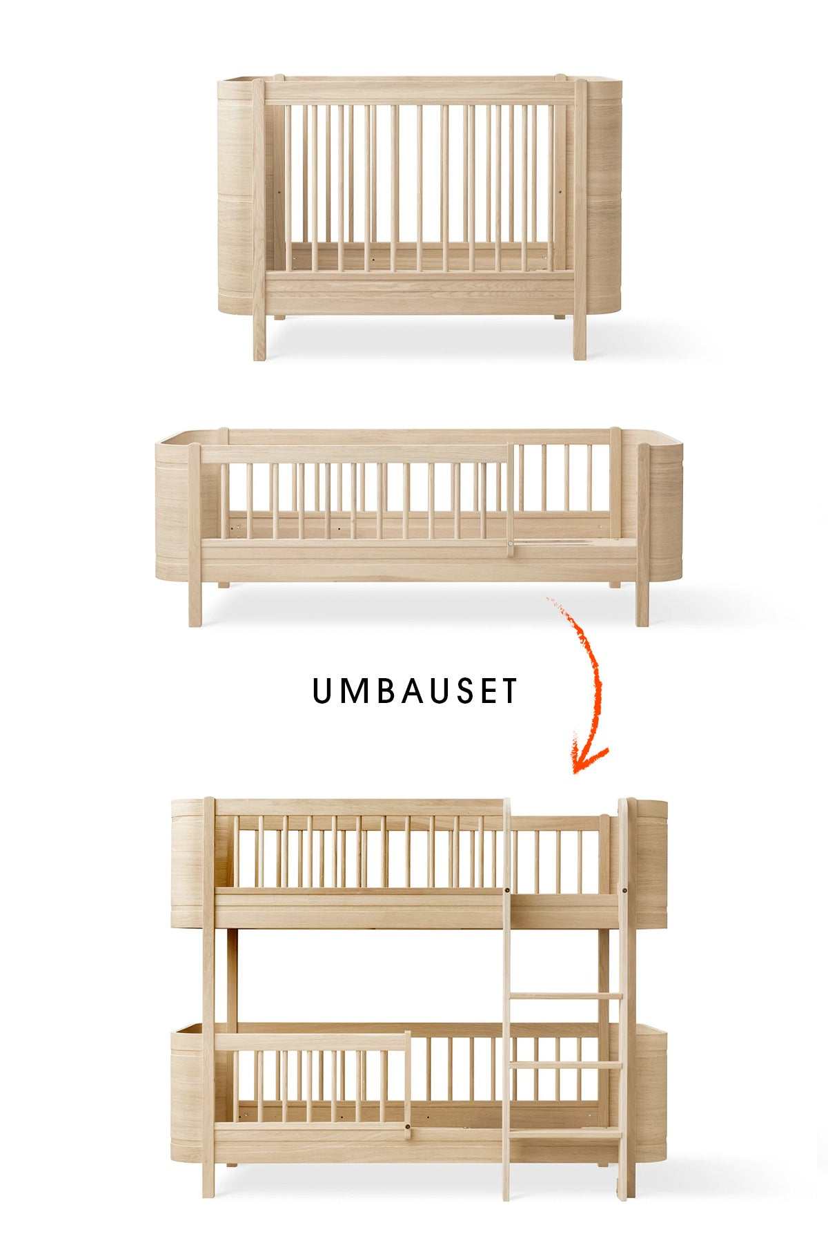 Wood Umbau-Set von Mini+ Babybett & Mini+ Juniorbett zum halbhohen Etagenbett/ eiche