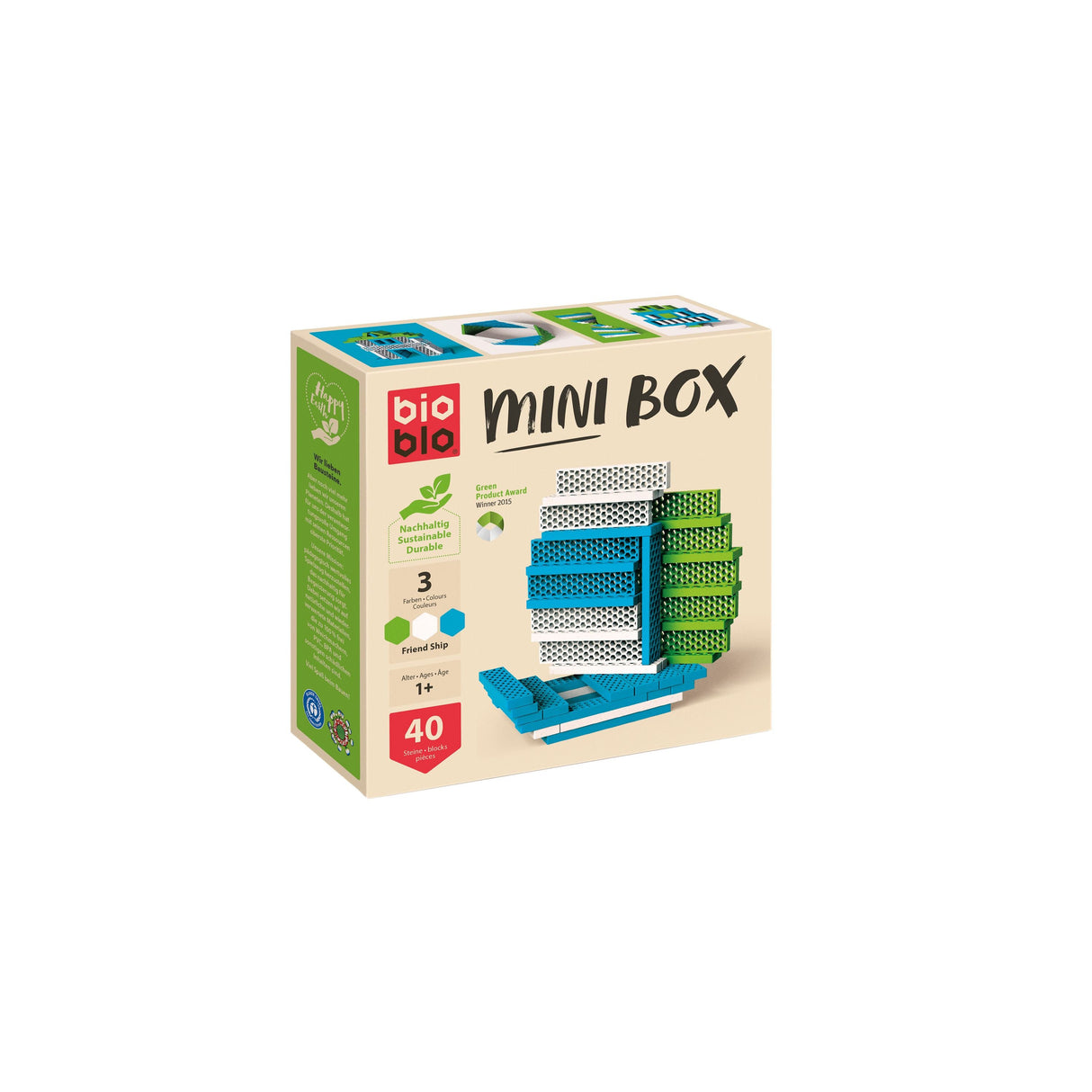Mini Box Friend Ship Bioblo Baukasten mit 40 bunten Bausteinen in Blau, Grün und Weiß