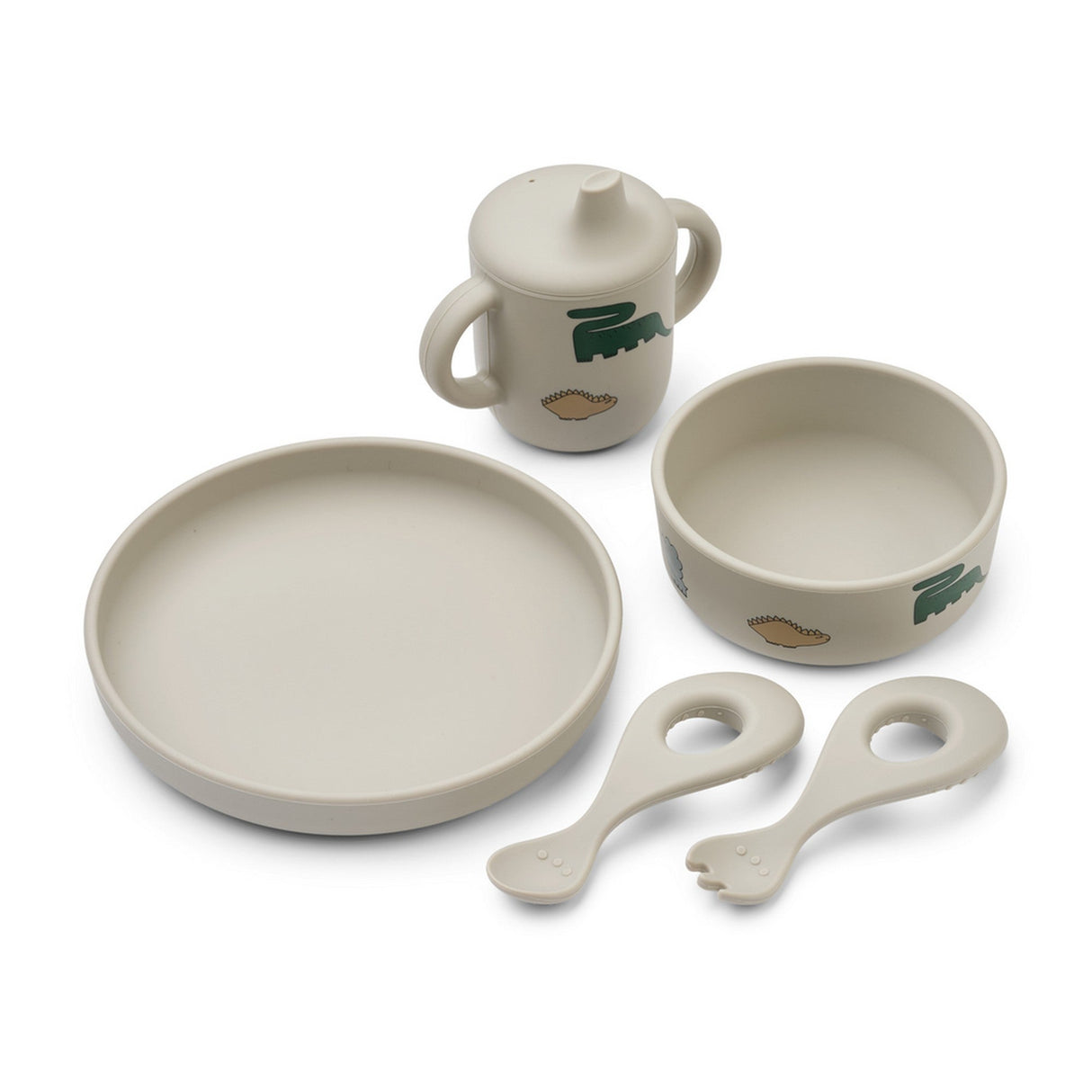 Ryle Geschirr-Set aus weichem Silikon mit Dinosaurier-Design, Baby-Gabel, Löffel, Tasse, Schale und Teller, spülmaschinenfest für einfache Reinigung