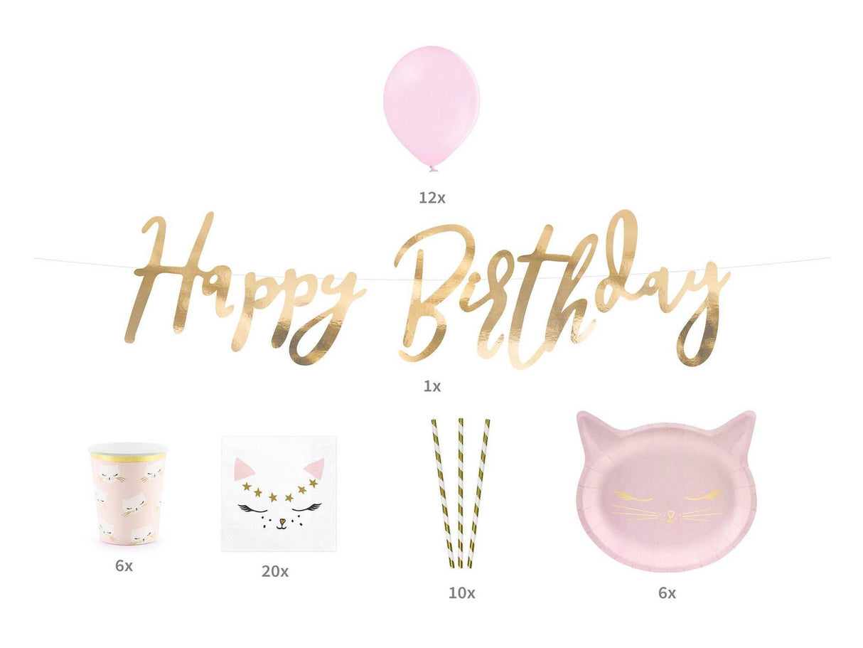 Party Dekorationsset rosa Kätzchen mit Happy Birthday Banner, Bechern, Tellern, Strohhalmen, Servietten und rosa Ballons