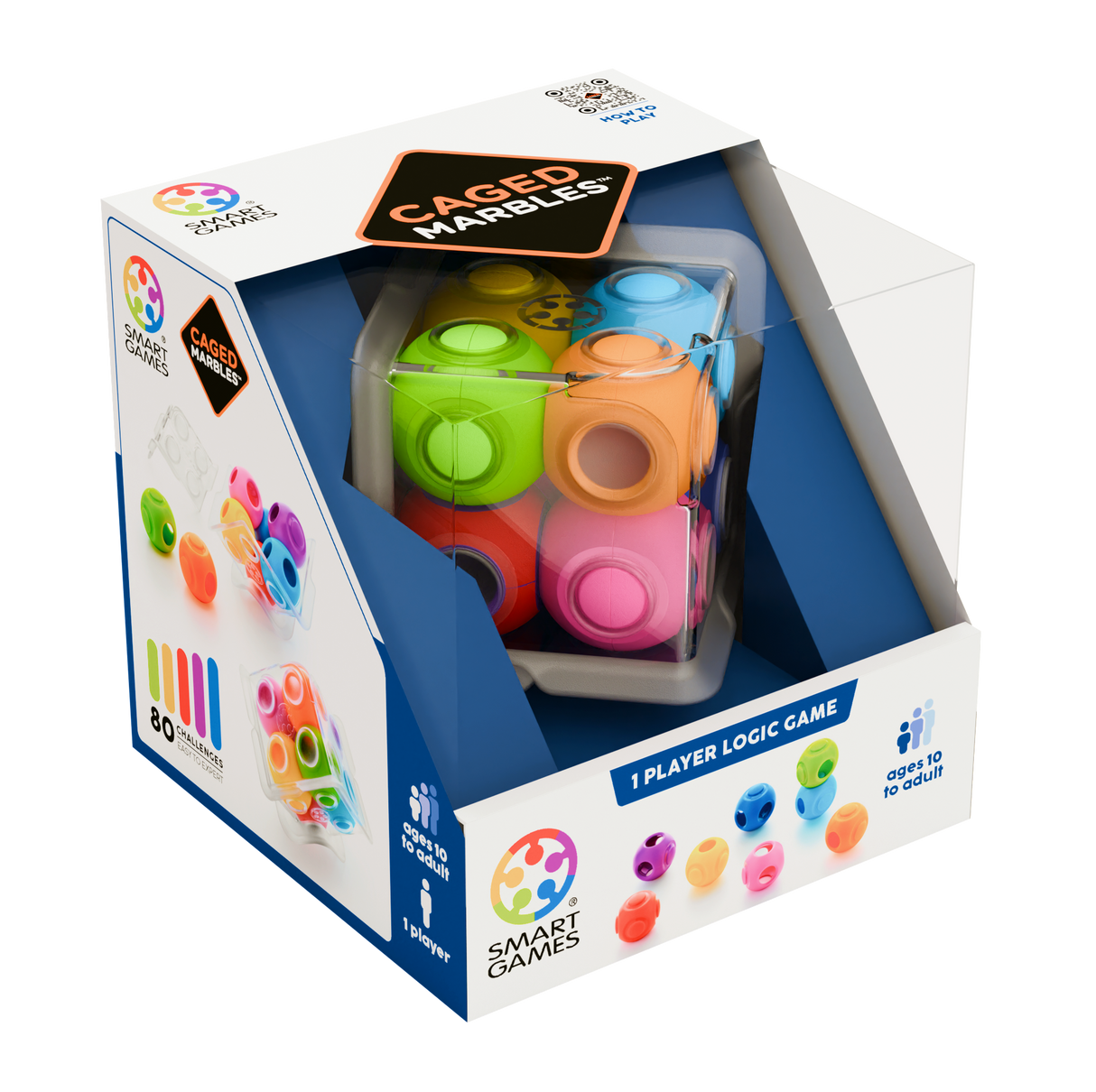 Caged Marbles logic puzzle game with colorful interlocking marbles in a divided cube by SMARTGAMES