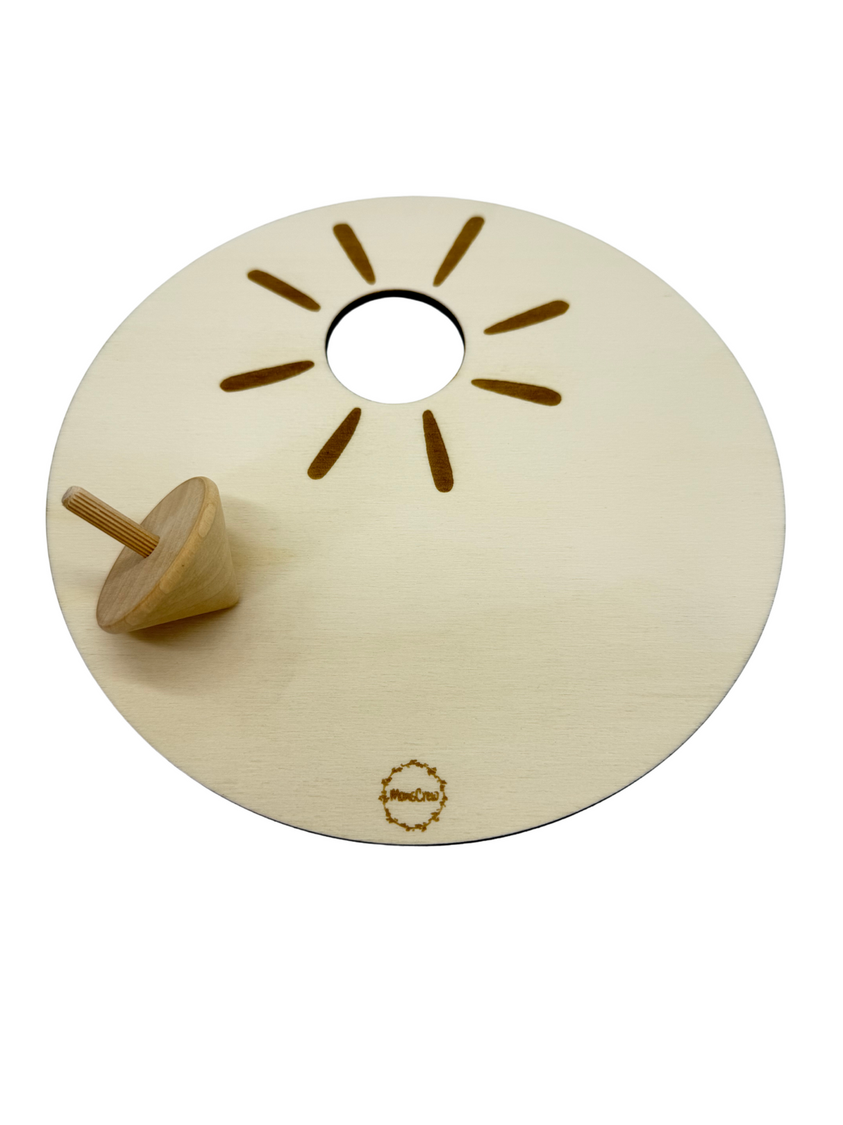 Sonnenstrahlen-Platte aus Holz mit graviertem Sonnenstrahlen-Muster und Holzkreisel Spielset zur Förderung von Feinmotorik und Konzentration bei Kindern