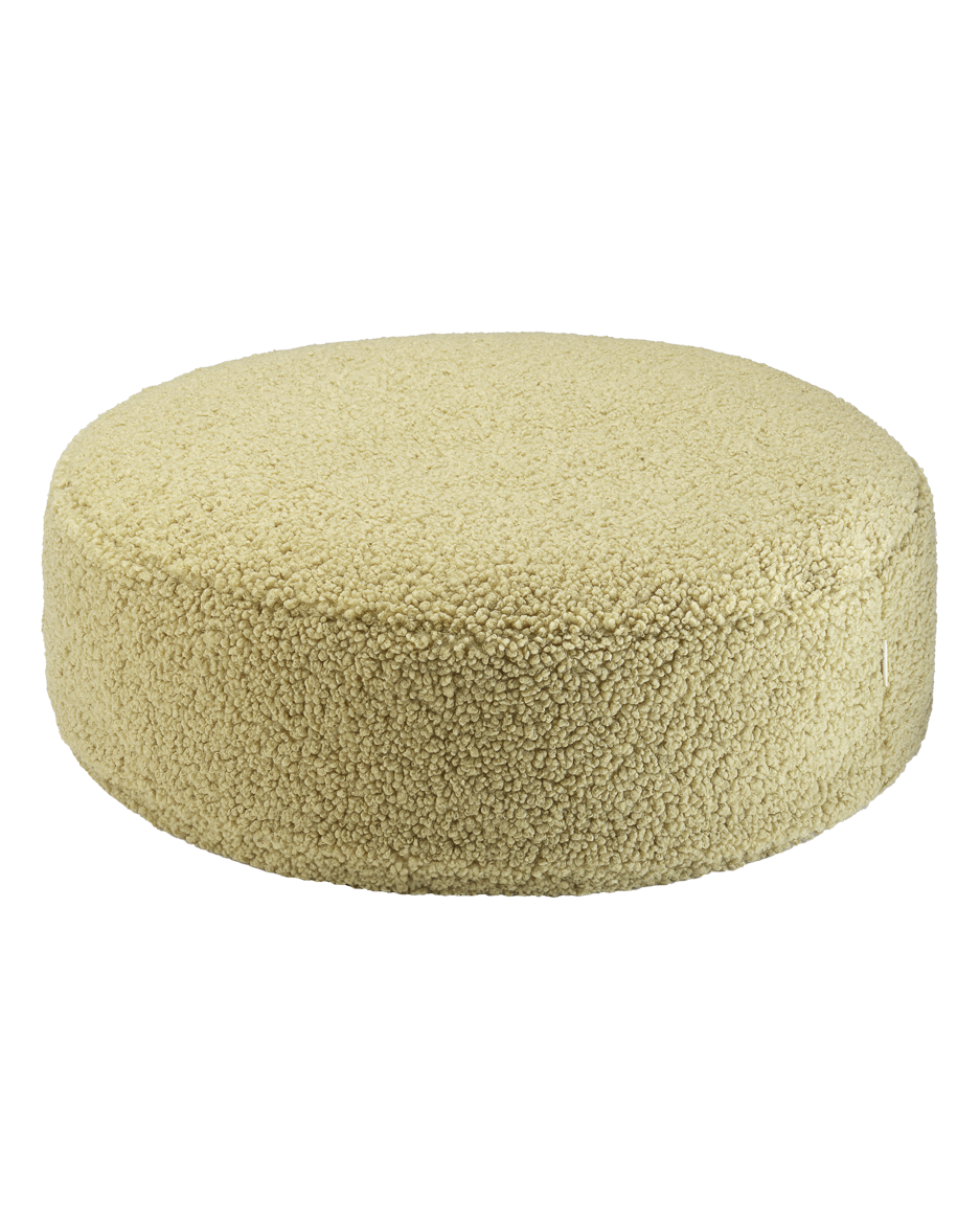 Runder Ottoman aus OEKO-TEX® Teddy-Stoff in Matcha-Grün, leicht und waschbar