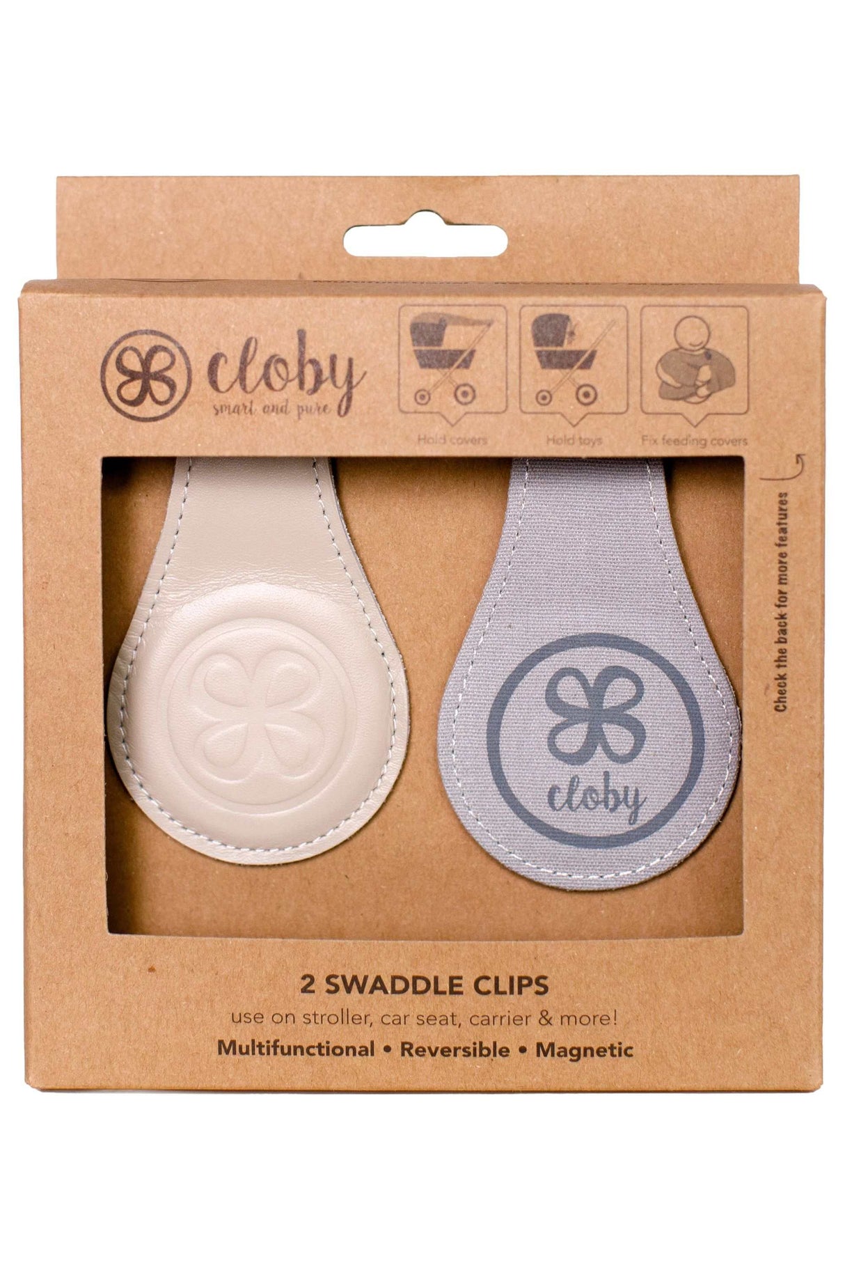 Swaddleclips aus Leder Beige/Grau an Kinderwagen aus Leder und Canvas mit starken Magneten