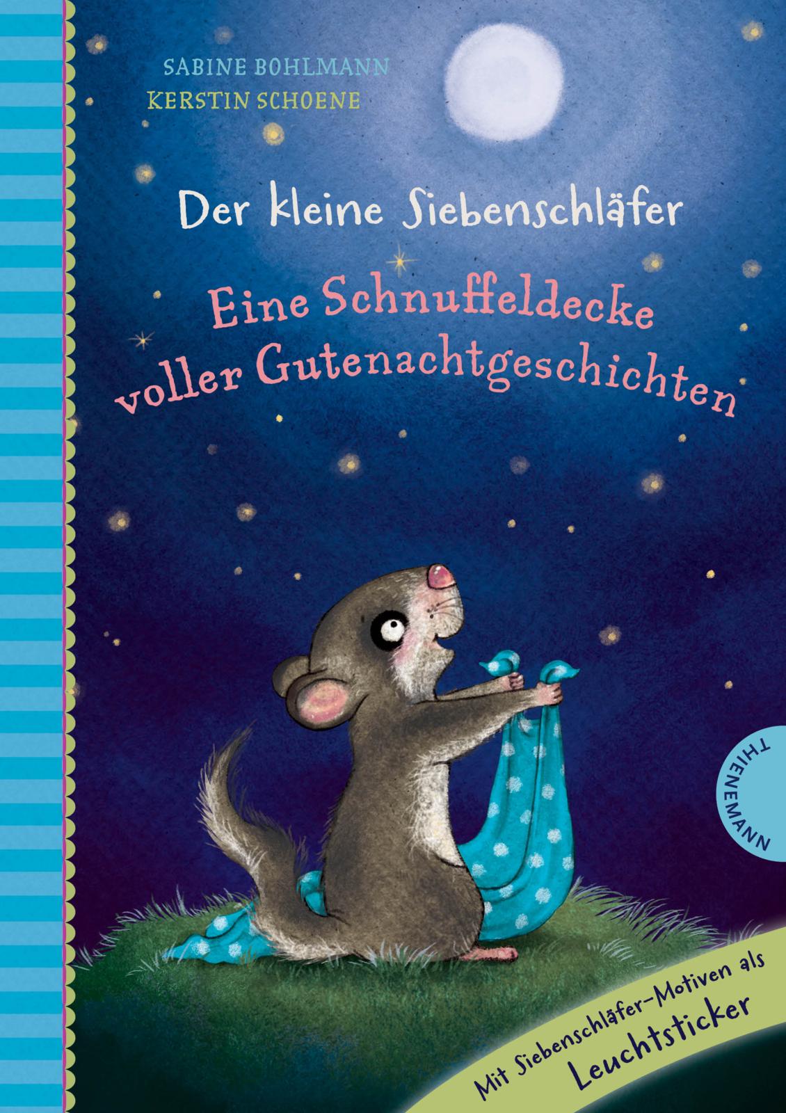 Cover of Der kleine Siebenschläfer book featuring bedtime story characters and glowing wall stickers for kids aged 4+
