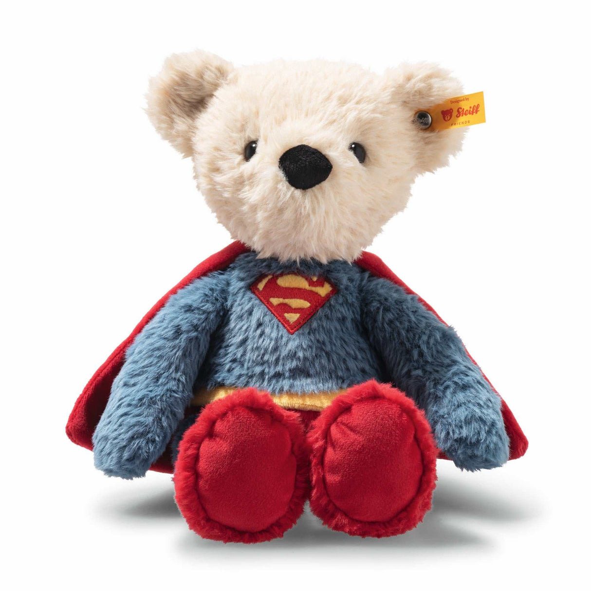 29 cm Teddybär Superman von Steiff mit rotem Umhang und blauem Superheldenanzug aus kuschelweichem Plüsch